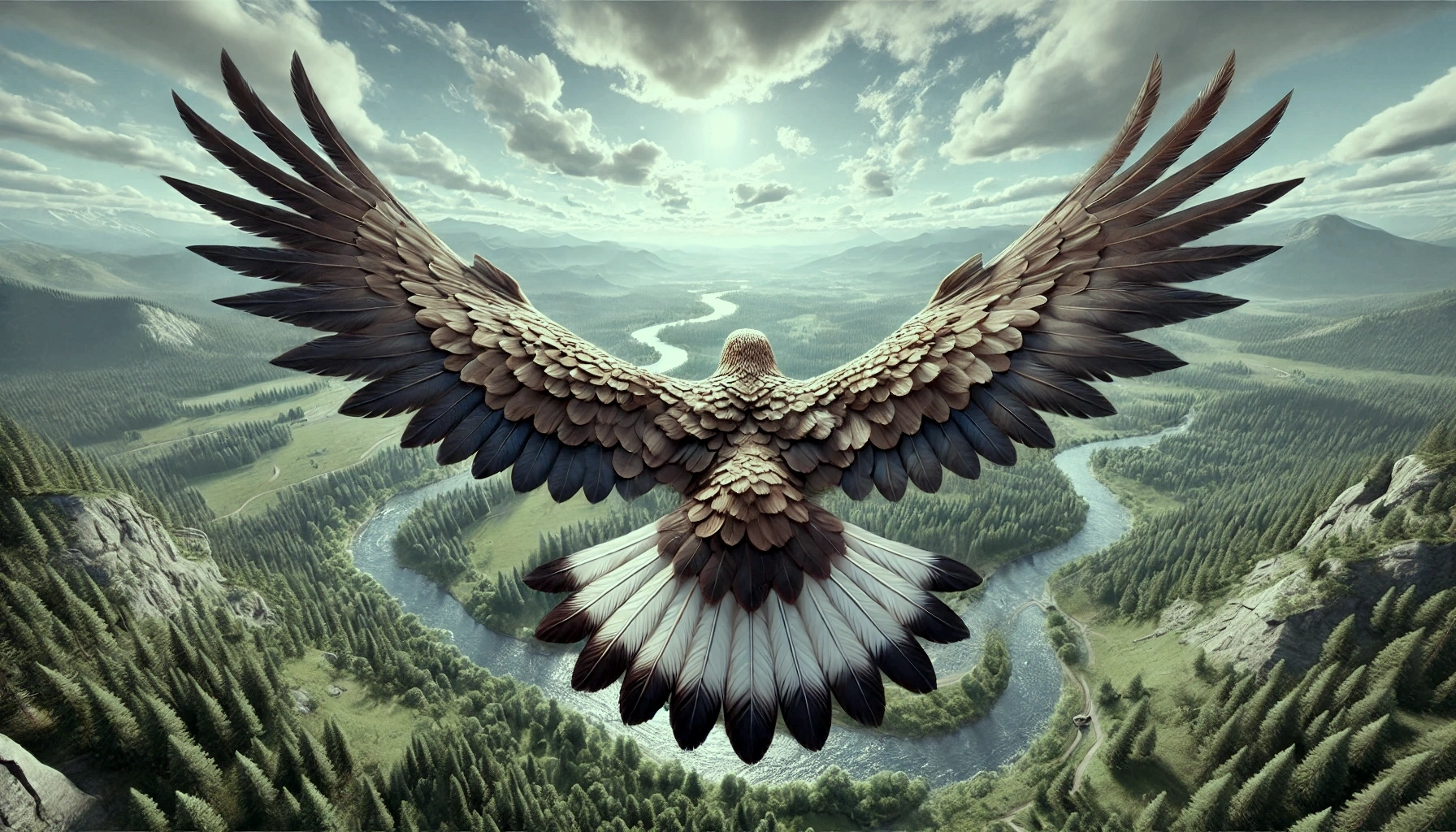 Ein Adler fliegt mit ausgebreiteten Flügeln hoch über einer weitläufigen Landschaft aus Bergen, Wäldern und einem mäandrierenden Fluss – betrachtet aus der Rückenperspektive des Adlers.