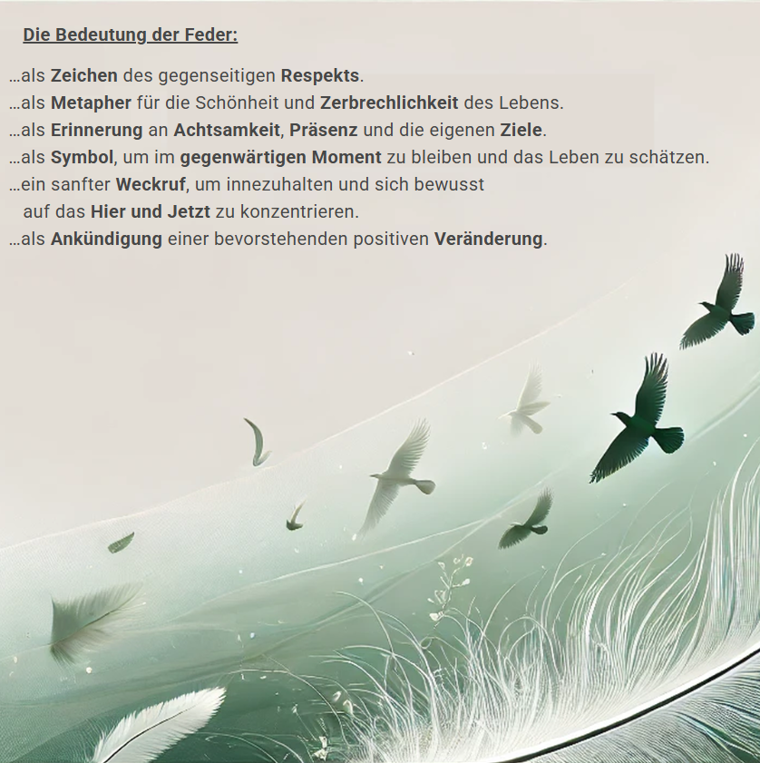 Illustration mit schwebenden Federn und fliegenden Vögeln in Grün- und Beigetönen, kombiniert mit einem Text über die symbolische Bedeutung der Feder, der Begriffe wie Respekt, Zerbrechlichkeit, Achtsamkeit, Gegenwärtigkeit, Weckruf, Hier und Jetzt sowie positive Veränderung hervorhebt.